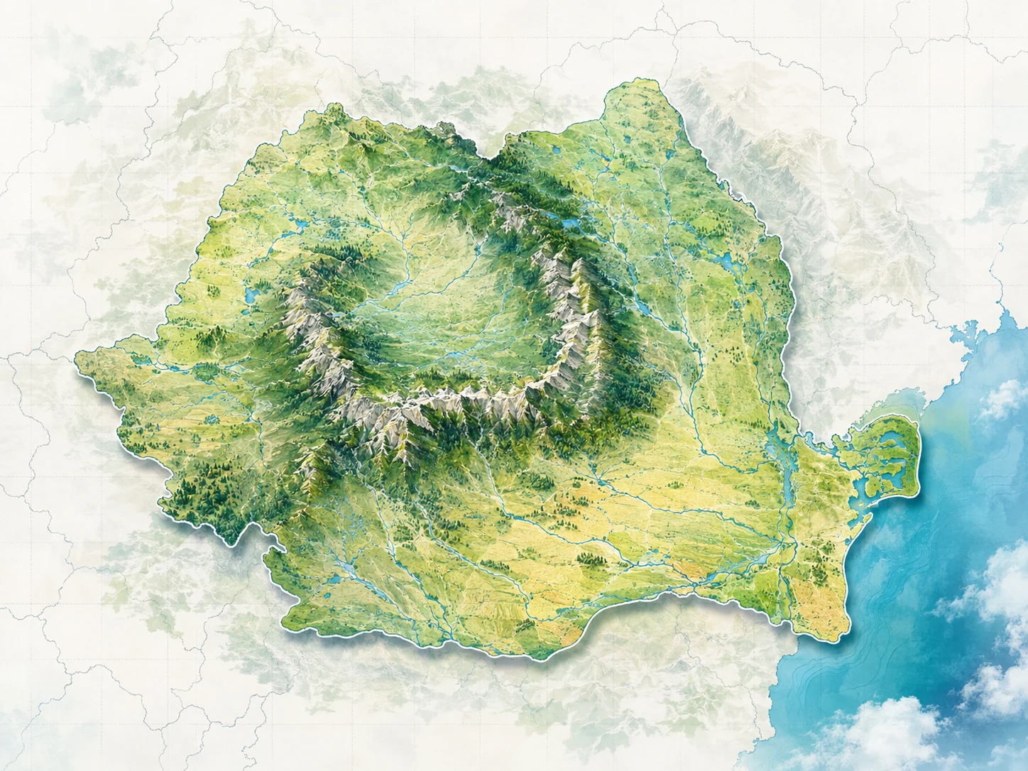 Illustrated map of Romania showing its landscape and mountain ranges